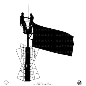 Puede incluir: Un diseño gráfico de silueta negra que muestra a dos figuras de pie sobre un poste de servicios públicos alto, trabajando cerca de la parte superior. Una gran bandera rectangular se extiende horizontalmente desde el poste y se ve una estructura metálica en la base.