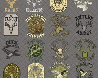 May include: A collection of hunting-themed graphic designs on a gray background. The designs feature illustrations of deer antlers, ducks, and hunting-related text such as "Chasing Racks", "Duck Season Champion", and "Public Land Pursuit".