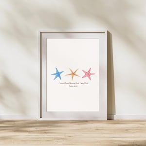 Be Still and Know That I Am God Wall Art | Psalm 46:10 Christian Beach Printable | Starfish Coastal Scripture Decor | Faith Digital Download