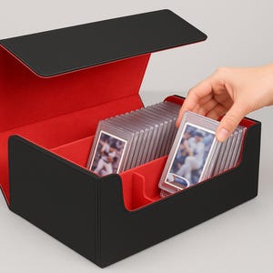 Large Card Storage Deck Box - TCG Organizer - Commander Gift - Red Interior - Holds 1200+ Cards - Black PU Leather
