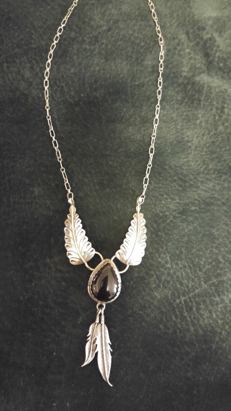 Vintage Sterling Silver and Black Onyx Southwestern Styled Feather Necklace