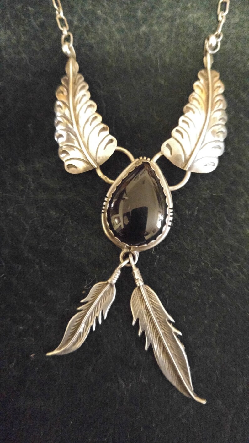 Vintage Sterling Silver and Black Onyx Southwestern Styled Feather Necklace