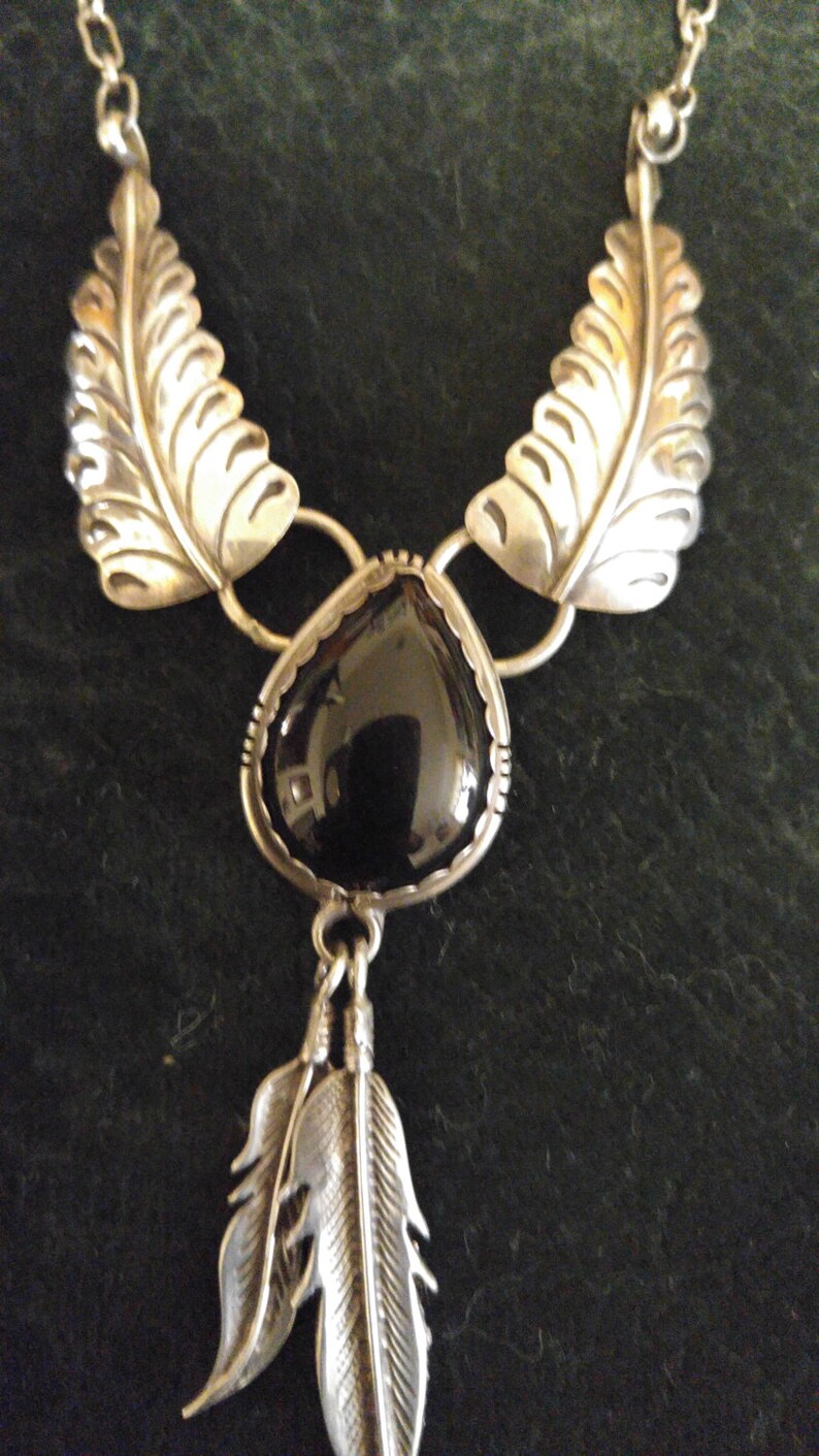 Vintage Sterling Silver and Black Onyx Southwestern Styled Feather Necklace