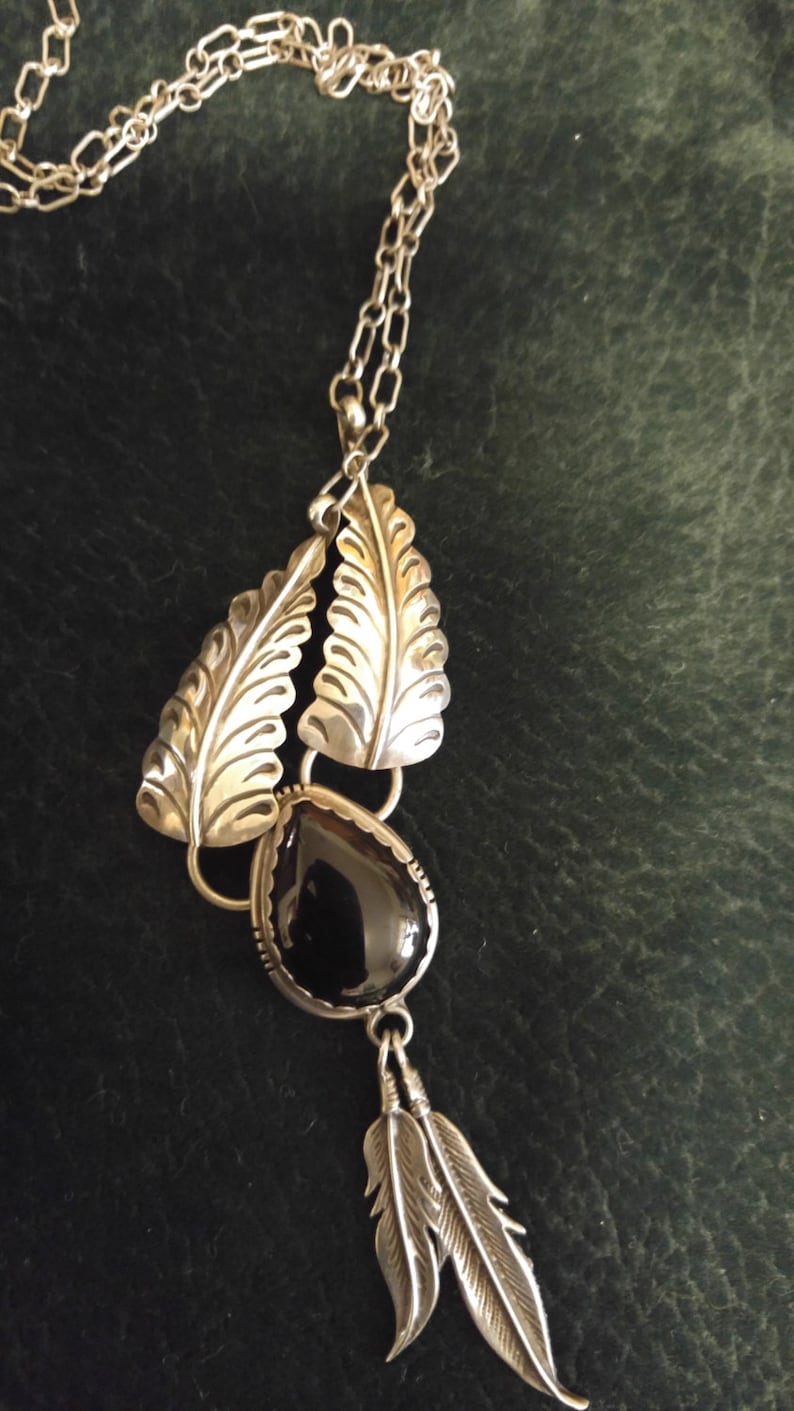 Vintage Sterling Silver and Black Onyx Southwestern Styled Feather Necklace