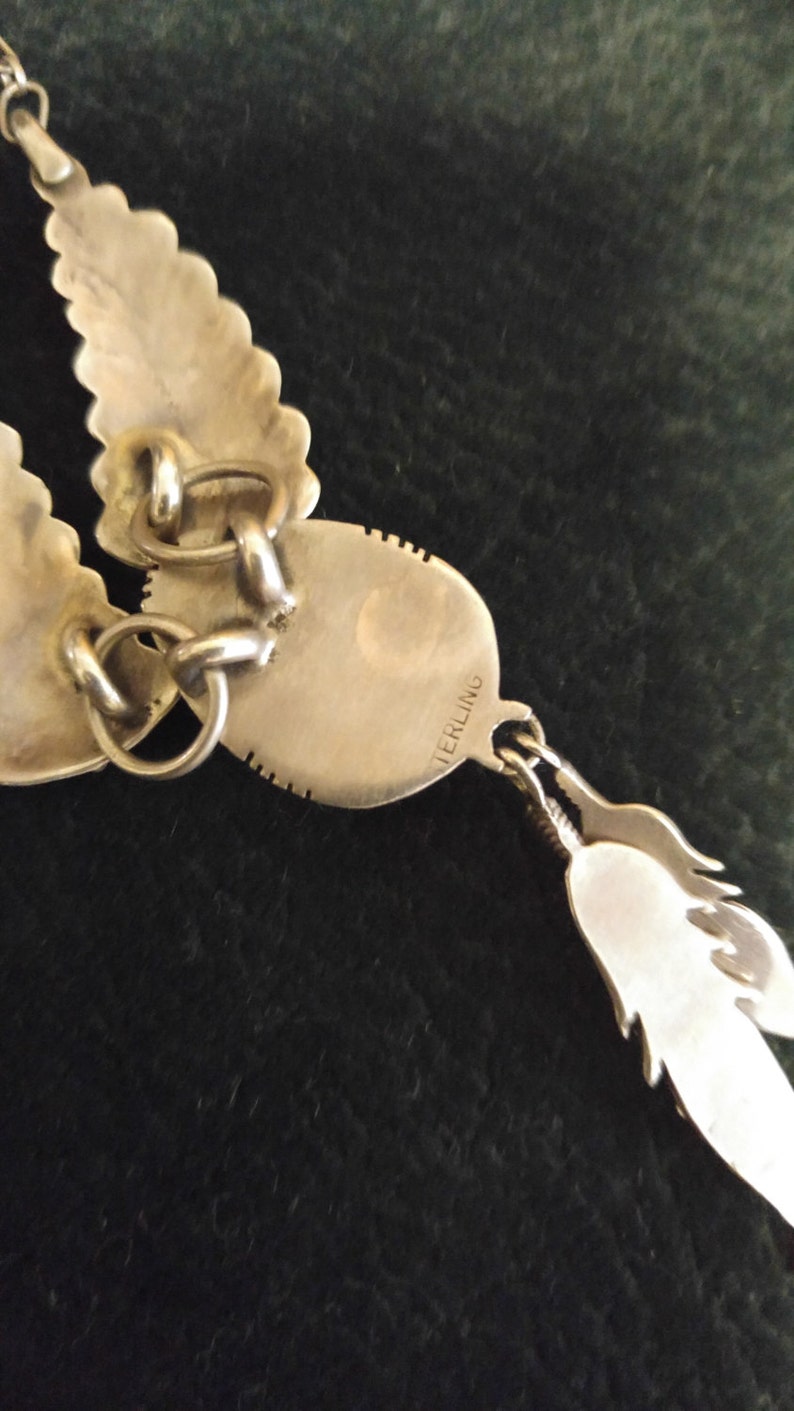 Vintage Sterling Silver and Black Onyx Southwestern Styled Feather Necklace