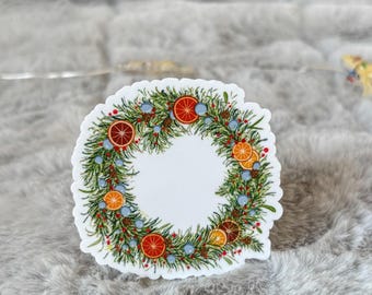 Christmas Wreath Vinyl Sticker, Festive Holiday Greenery with Citrus, Winter Stickers for Journals