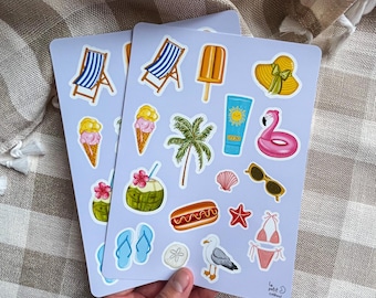 Beach Sticker Sheet: Hand-Drawn Summer Ocean Vinyl Stickers