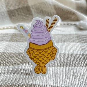 Taiyaki Ice Cream Vinyl Sticker, Cute Japanese Fish Ice Cream Dessert Sticker with Taro Soft Serve for Laptops, Planners, and Journals