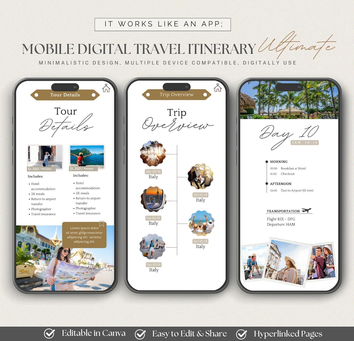 Mobile Travel Itinerary Template: Editable Canva Trip Planner (digital ...