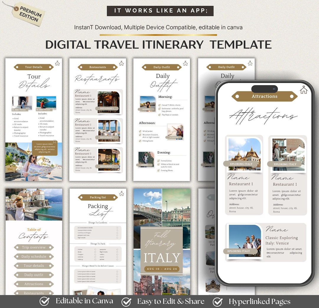 Mobile Travel Itinerary Template: Editable Canva Trip Planner (digital ...