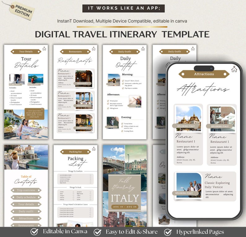 Mobile Travel Itinerary Template: Editable Canva Trip Planner (digital ...