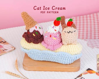 Cat Ice Cream Crochet Pattern, Dessert Crochet Pattern, Summer Crochet PDF, Food Plush DIY Tutorial, Handmade Gift Idea, Digital PDF Pattern