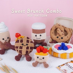 Sweet Brunch Crochet Patterns Bundle | Coffee Cup Pattern, Croissant Pattern, Egg Tart Pattern, Milk Tea Pattern, Waffle Pattern