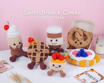 Sweet Brunch Crochet Patterns Bundle | Coffee Cup Pattern, Croissant Pattern, Egg Tart Pattern, Milk Tea Pattern, Waffle Pattern