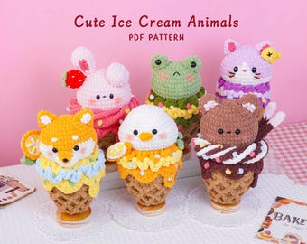 Cute Ice Cream Cone Animals Crochet Pattern Bundle, Shiba Inu Pattern, Bear Pattern, Frog Pattern, Cat Pattern, Duck Pattern, Bunny Pattern