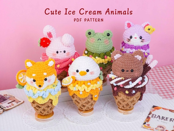 Cute Ice Cream Cone Animals Crochet Pattern Bundle, Shiba Inu Pattern, Bear Pattern, Frog Pattern, Cat Pattern, Duck Pattern, Bunny Pattern
