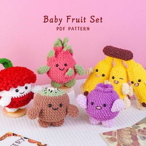 Babyfrukt-virkmönster, litchimönster, bananmönster, kiwimönster, drakfruktmönster, blåbärsmönster, PDF-mönster