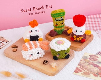 Sushi Snack Crochet Pattern Bundle, Soy Sauce Bottle Pattern, Seaweed Rice Roll Pattern, Wasabi Pattern, Chicken Onigiri Pattern