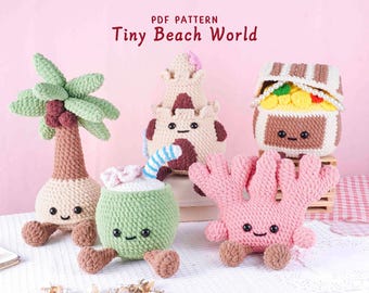 Tiny Beach World Crochet Patterns Bundle | Baby Coral Pattern, Coconut Pattern, Sandcastle Pattern, Treasure Chest Pattern