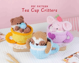 Tea Cup Critters Crochet Patterns Bundle | Elephant Inside Tea Cup Pattern, Otter Inside Tea Cup Pattern, Sloth Inside Tea Cup Pattern