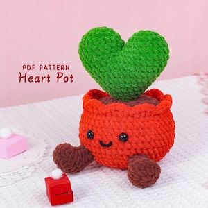 Virkmönster med hjärtformad kruka, amigurumi-plyschdesign för alla hjärtans dag, mönster för mjuk plyschleksak, virkstil med kärlekstema, PDF-mönster