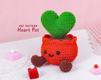 Patrón de crochet de maceta con forma de corazón, diseño de peluche amigurumi de San Valentín, patrón de peluche suave, estilo crochet con temática de amor, patrón en PDF