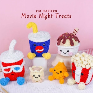 May include: A collection of crocheted movie night treats, including popcorn, soda, ice cream, and other snacks. The items are in bright colors with smiling faces, and the text "PDF Pattern Movie Night Treats" is displayed.
