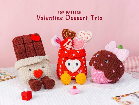 Valentine Dessert Crochet Patterns Bundle, Chocolate Pattern, Candy Bag Pattern, Strawberry Pattern, Valentine Crochet Pattern Design