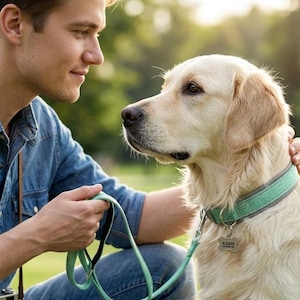 Peut inclure: Un chien golden retriever avec un collier vert clair et une étiquette argentée avec le nom "ADAM". Le chien est tenu par une personne portant une chemise en jean bleu, tenant une laisse verte claire assortie.