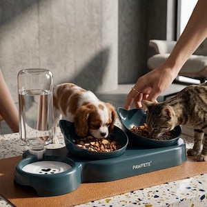 Peut inclure: Une station d'alimentation pour animaux bleu sarcelle foncé avec deux bols en forme d'oreilles de chat remplis de croquettes et une bouteille d'eau transparente. La base porte le texte blanc PAWFETE et un abreuvoir blanc avec une empreinte.