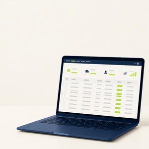 May include: A dark blue laptop displaying a digital dashboard interface on its screen. The screen shows a navigation bar, four summary cards with icons for packages, trucks, users, and charts, and a data table with rows and lime green status bars.