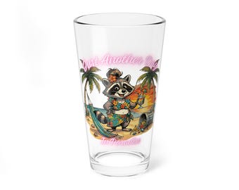 Tropical Raccoon Chaos Mixing Glass, 16oz, Pink Edition, Retro Tiki Drinkware | Tacky Trash Panda