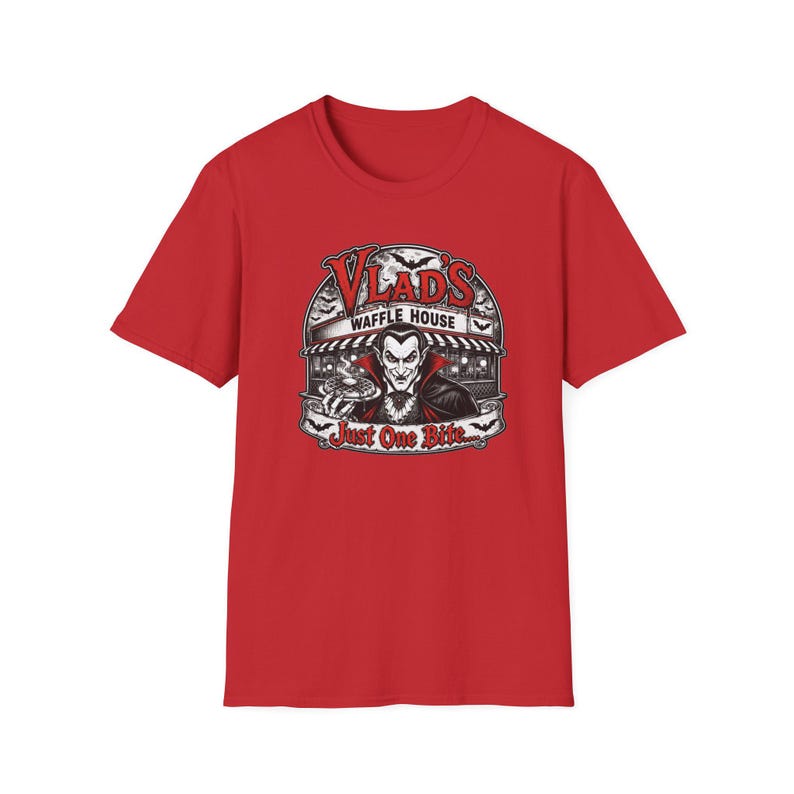 Vlad's Waffle House Vampire Diner T-Shirt | Just One Bite, Late Night image 7