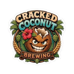 Könnte beinhalten: Ein runder Aufkleber mit einer gezeichneten Kokosnuss mit Gesicht, einer roten Hibiskusblüte, grünen Palmenblättern, Hopfendolden und Weizenähren. Der Text CRACKED COCONUT steht oben in Blau und Beige, das Wort BREWING auf einem braunen Banner.