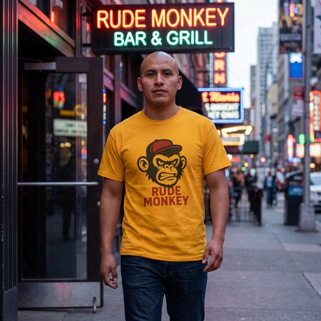 Rude Monkey Logo | Monkey in Ball Cap T-shirt | Red Black Graphic Tee ...