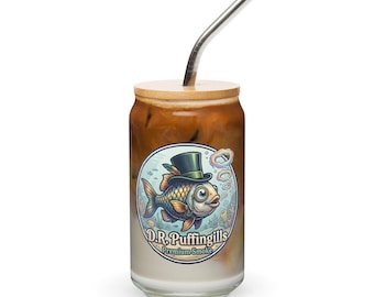 D.R. Puffingills Glass Can Cup | Whimsical Fish Art Tumbler (Iced Coffee)