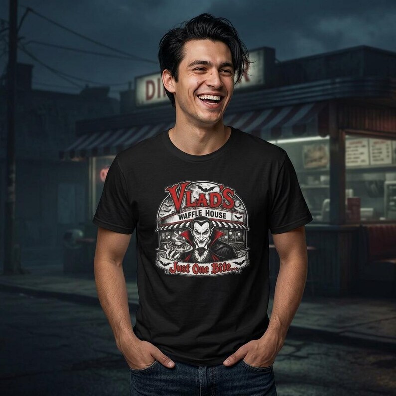 Vlad's Waffle House Vampire Diner T-Shirt | Just One Bite, Late Night image 2