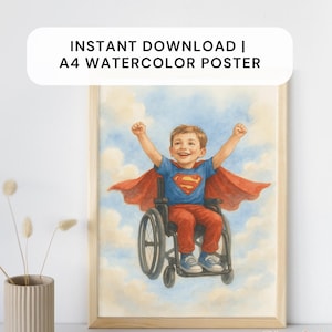 Póster de niño en silla de ruedas como superhéroe – decoración de habitación infantil incluida | Póster de niño superhéroe en silla de ruedas - Impresión para habitación infantil (A4, PNG, PDF)
