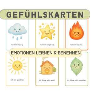 Tarjetas de emociones para niños - 6 tarjetas de acuarela con emociones (PDF, A6, imprimibles al instante)