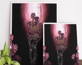Surgir juntos | Impresión "Abrazo de esqueleto" A3/A4 | Póster de arte gótico | Impresión en gouache | Floral oscuro