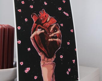 Lámina artística "Hasta la muerte y más allá" | Lámina de San Valentín con mano de esqueleto | Arte gótico del amor A5 | Corazón anatómico | Hahnemühle Fine Art | Romántico oscuro