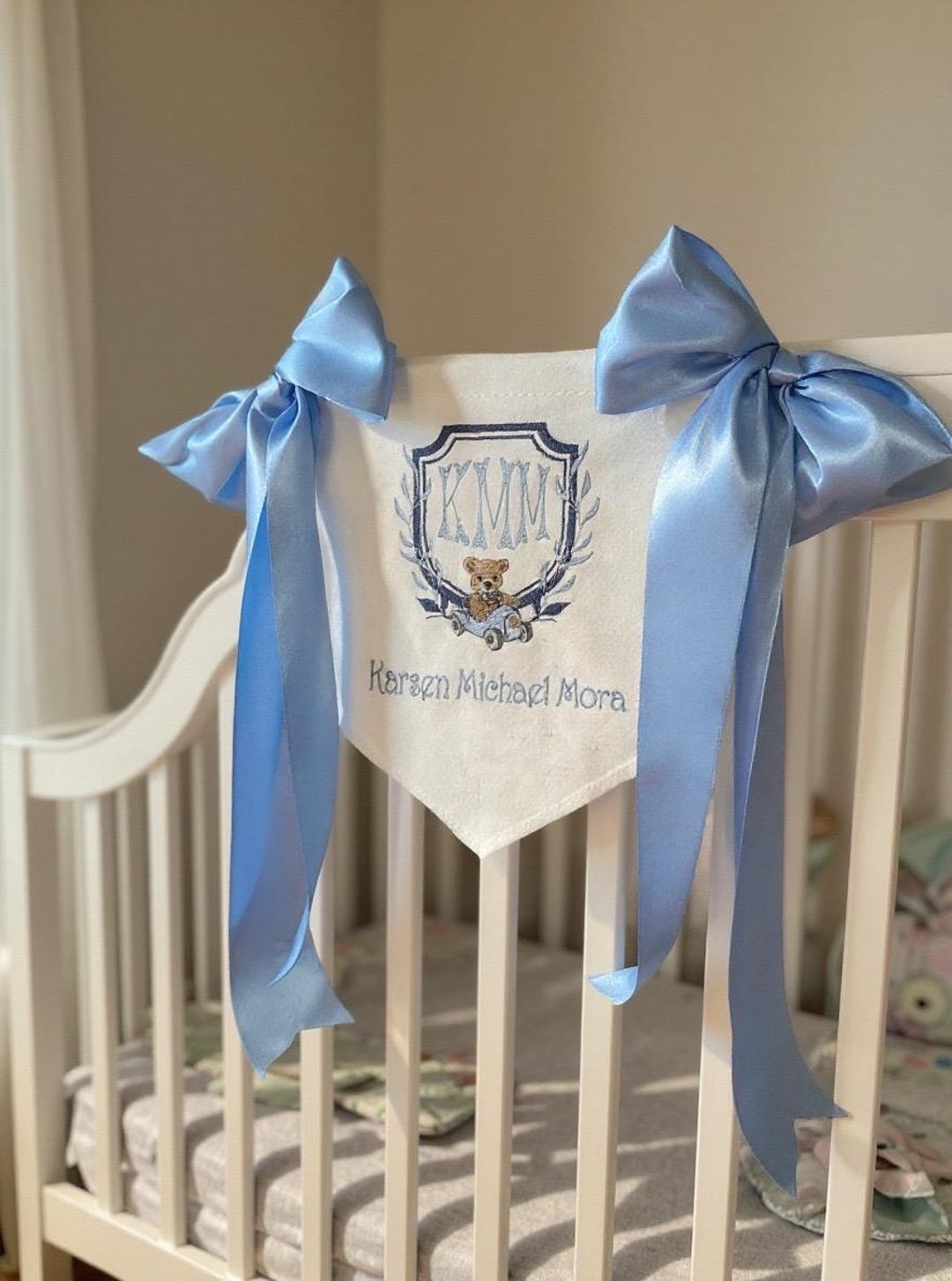 Custom Embroidered Baby Banner: Monogram Nursery Decor With Satin Bows ...