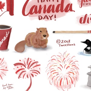 Op de afbeelding: Kleurrijke illustratie met Canadese symbolen. Bevat een Canadese vlag, een koffiekopje, een bever, een hockeystick, een ijsvogel, vuurwerk en een inukshuk. Tekst: "Happy Canada Day!" en "July First, eh?"