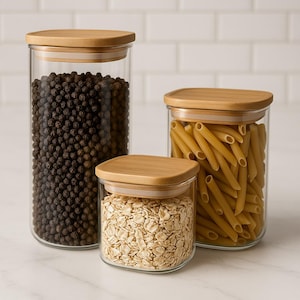 May include: Three clear glass jars with bamboo lids. One jar is filled with black peppercorns, another with penne pasta, and the third with rolled oats. The jars are of varying sizes and sit on a white surface.