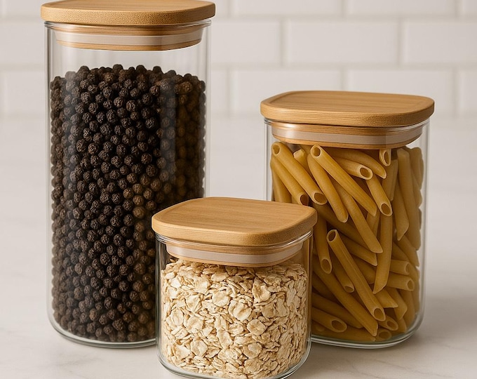 Glass Storage Jars with Airtight Bamboo Lids - Set of 3