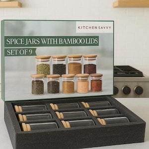 Spice Jars with Bamboo Lids – Set of 9 Glass Containers for Kitchen Pantry Organization – Airtight Storage for Spices & Herbs