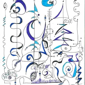 May include: Abstract ink drawing with black and blue lines and shapes on a white background. The artwork features a variety of geometric and organic forms, including spirals, triangles, and curved lines. The drawing has a whimsical and dynamic feel.