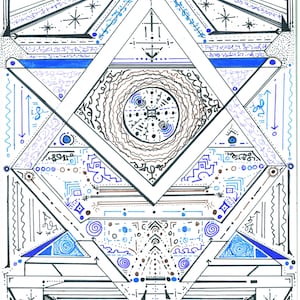May include: Geometric abstract art piece with a symmetrical design. The artwork features a central diamond shape with a circular element inside, surrounded by triangles and lines. The color palette includes black, white, and blue, with intricate details and patterns.