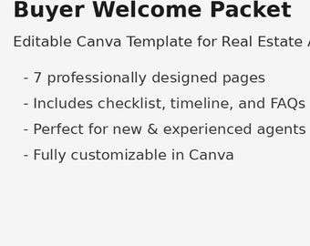 Paquete de bienvenida editable para compradores de bienes raíces / Plantilla de Canva para agentes inmobiliarios / Guía moderna para compradores de vivienda