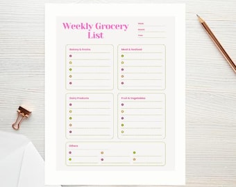 Lista de la compra semanal (PDF imprimible) / Planificación de comidas y organización de compras / Diseño minimalista para una cocina eficiente
